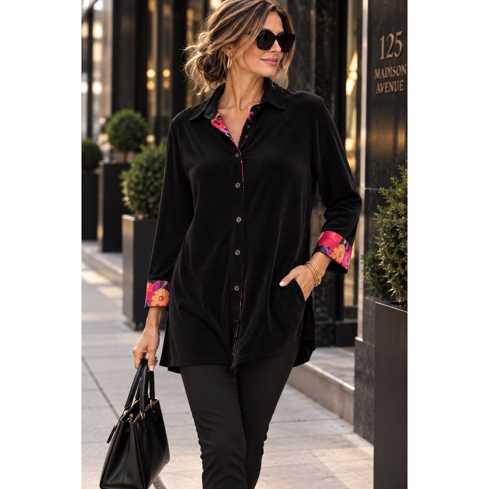 Chicos Travelers Black Button Down Tunic Floral Trim Long Sleeve Top Size 3 XL
